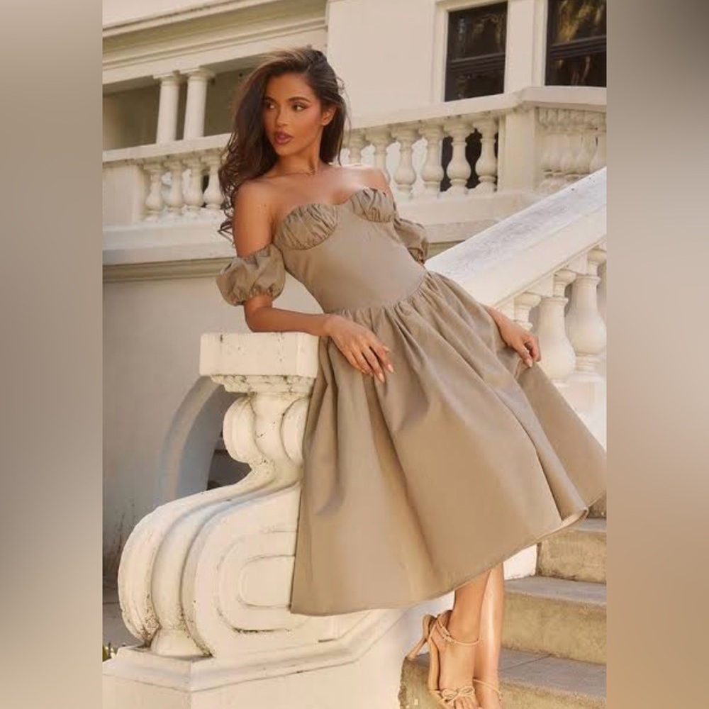 PrettyLittleThing Khaki Off-Shoulder Maxi Dress